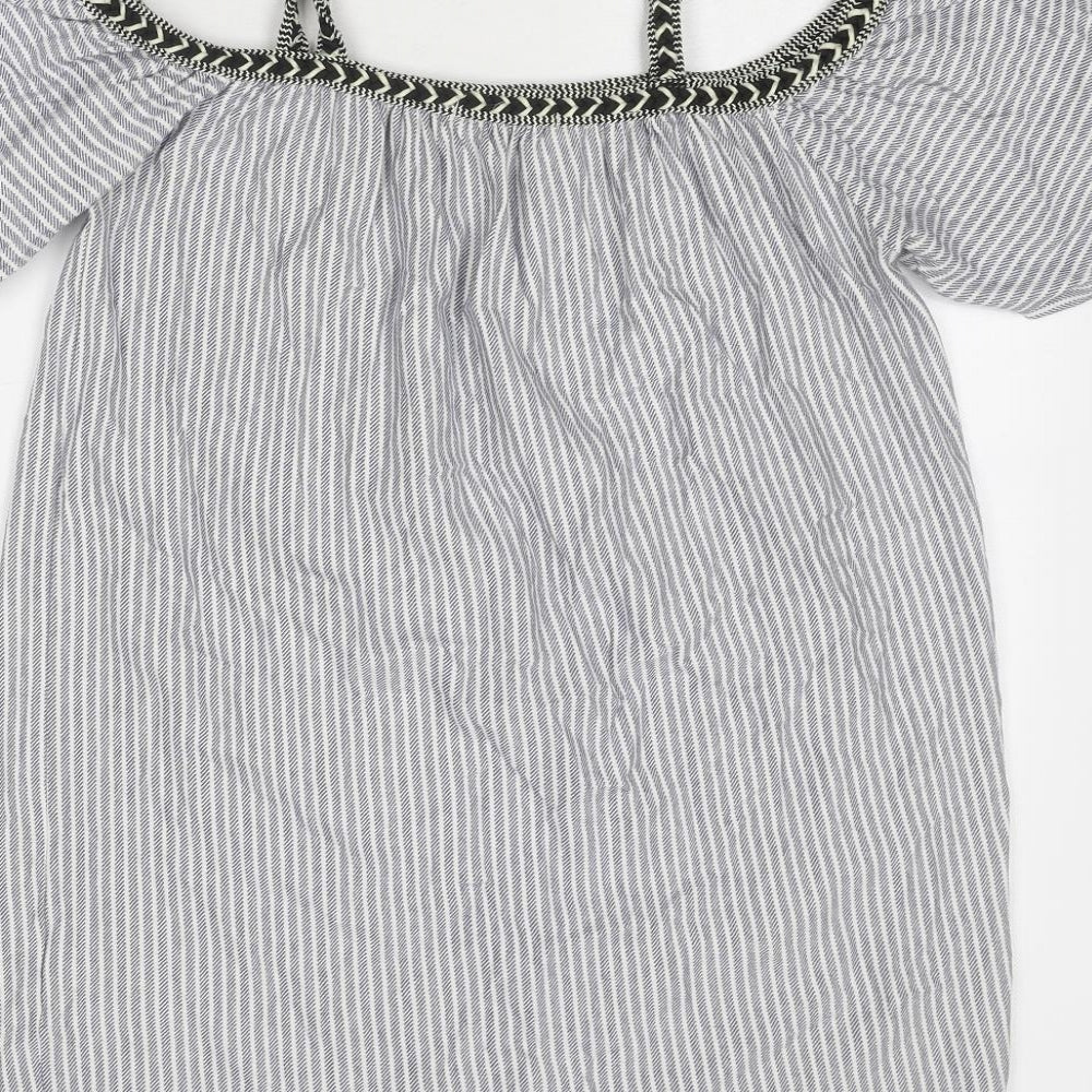 Pull&Bear Womens Blue Striped Cotton Basic Blouse Size M Off the Shoulder