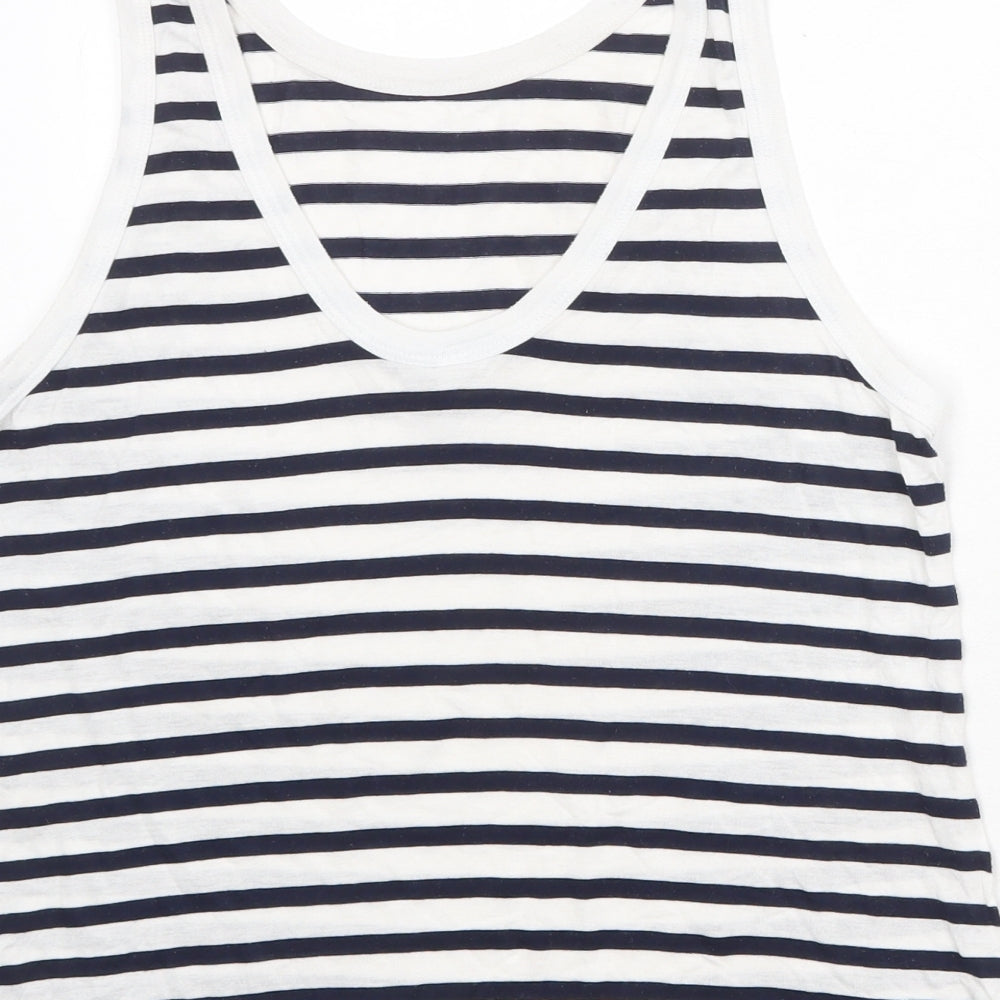 Brand and care label for ASOS women’s white striped viscose basic tank, size UK 6, round neck