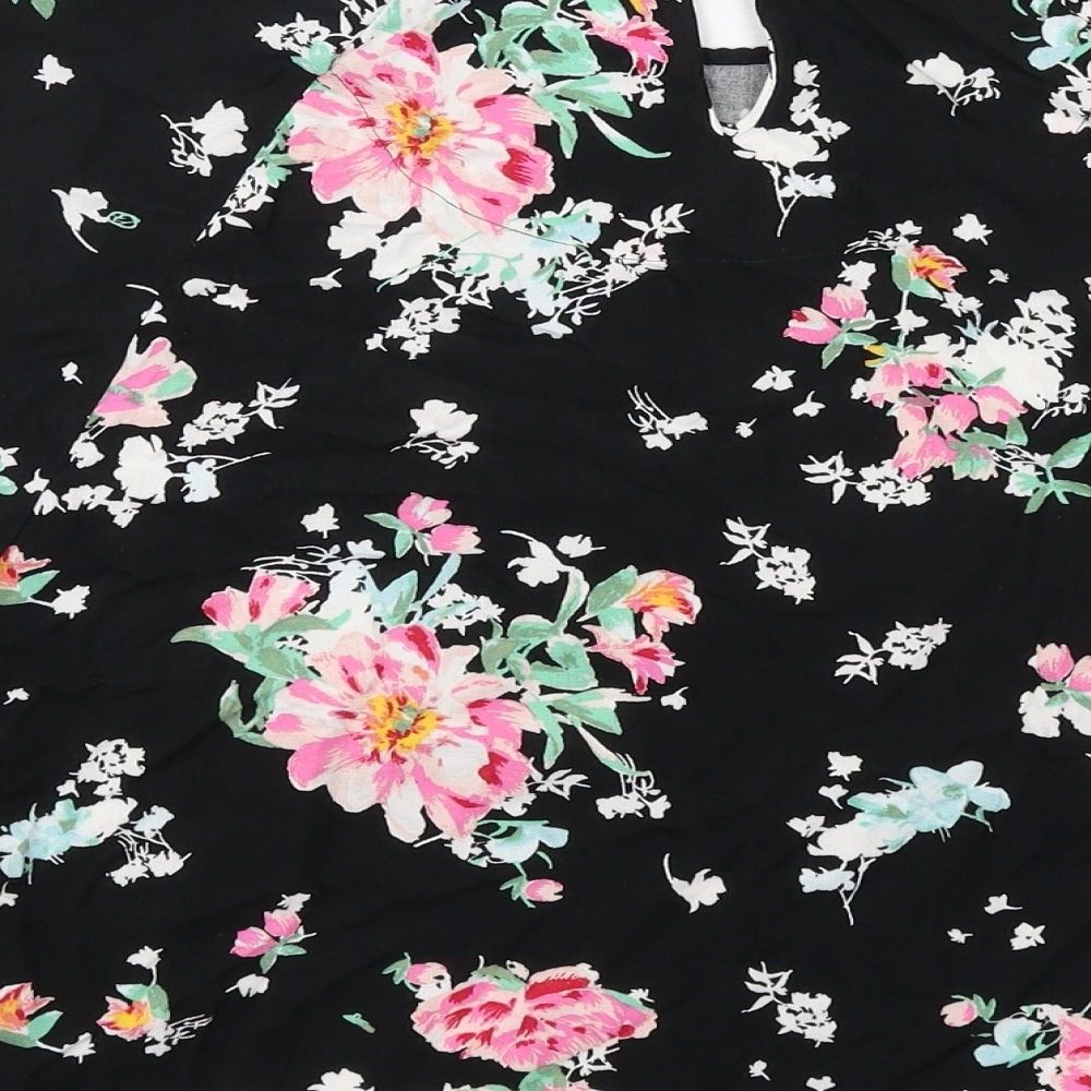 Marks and Spencer Womens Black Floral Viscose Basic Blouse Size 14 Round Neck