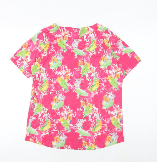 EWM Womens Pink Geometric Polyester Basic T-Shirt Size M V-Neck - Parrot Print