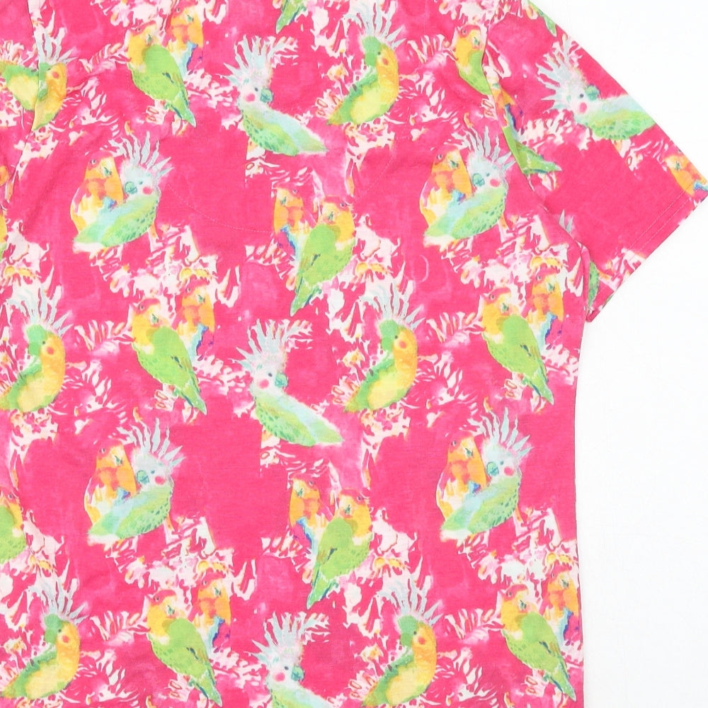 EWM Womens Pink Geometric Polyester Basic T-Shirt Size M V-Neck - Parrot Print