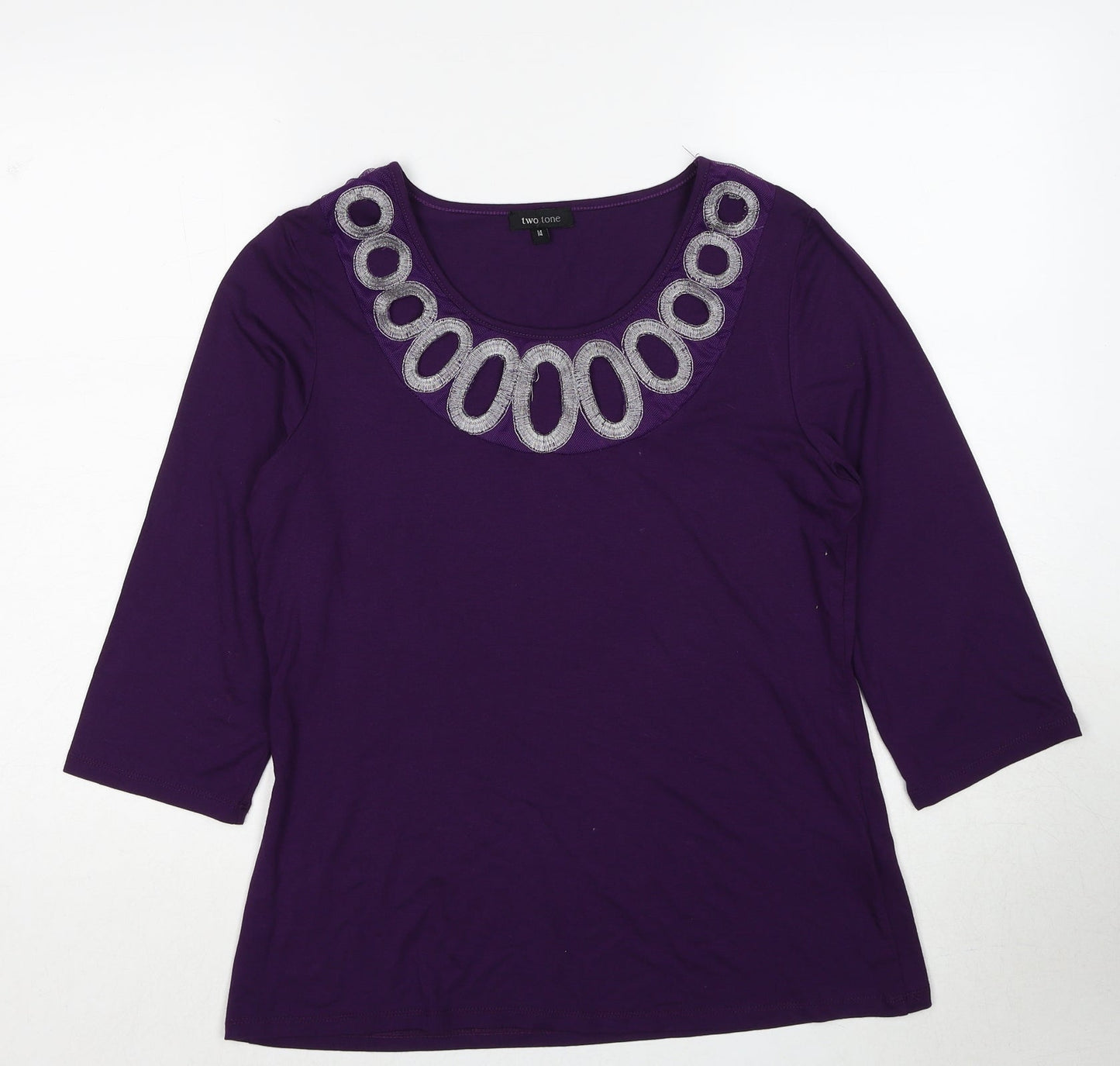 Two Tone Womens Purple Viscose Basic Blouse Size 14 Boat Neck - Embroidered Neckline