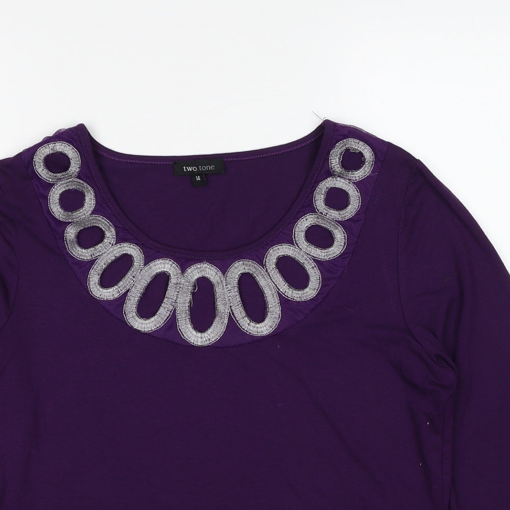 Two Tone Womens Purple Viscose Basic Blouse Size 14 Boat Neck - Embroidered Neckline