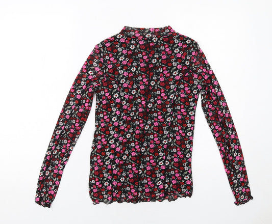 Marks and Spencer Girls Black Floral Polyester Pullover T-Shirt Size 12-13 Years Mock Neck Pullover