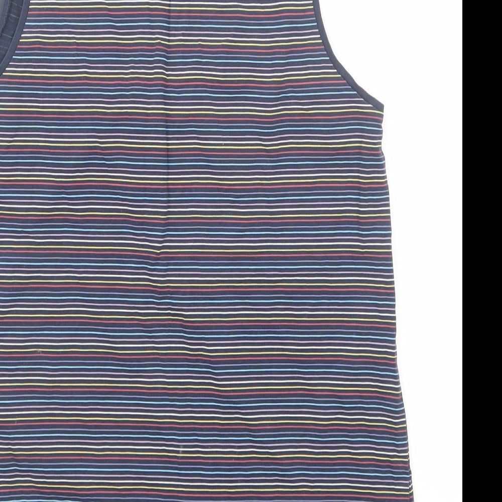 Brand and care label for EDC women’s blue striped cotton basic tank, size XS, round neck