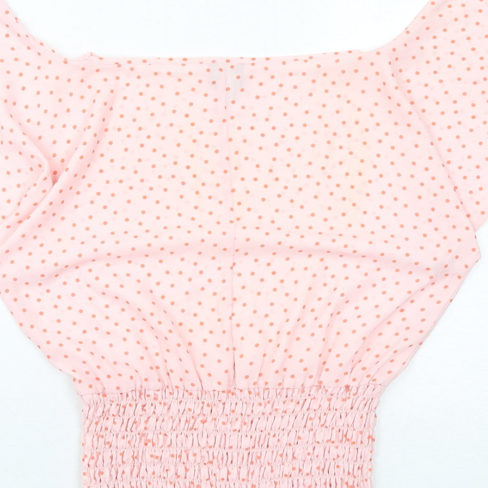 Brand and care label for ASOS women’s pink polka dot polyester basic blouse, size UK 6, off the shoulder - shirred