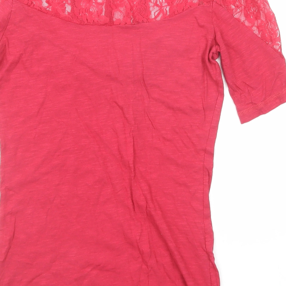 Brand and care label for Miss Selfridge women’s pink cotton basic blouse, size UK 8, high neck - lace detail
