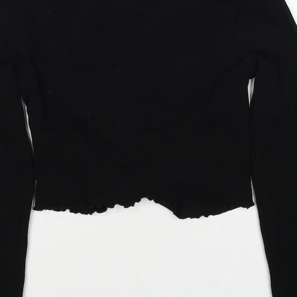 Brand and care label for Miss Selfridge women’s black cotton basic blouse, size UK 10, round neck