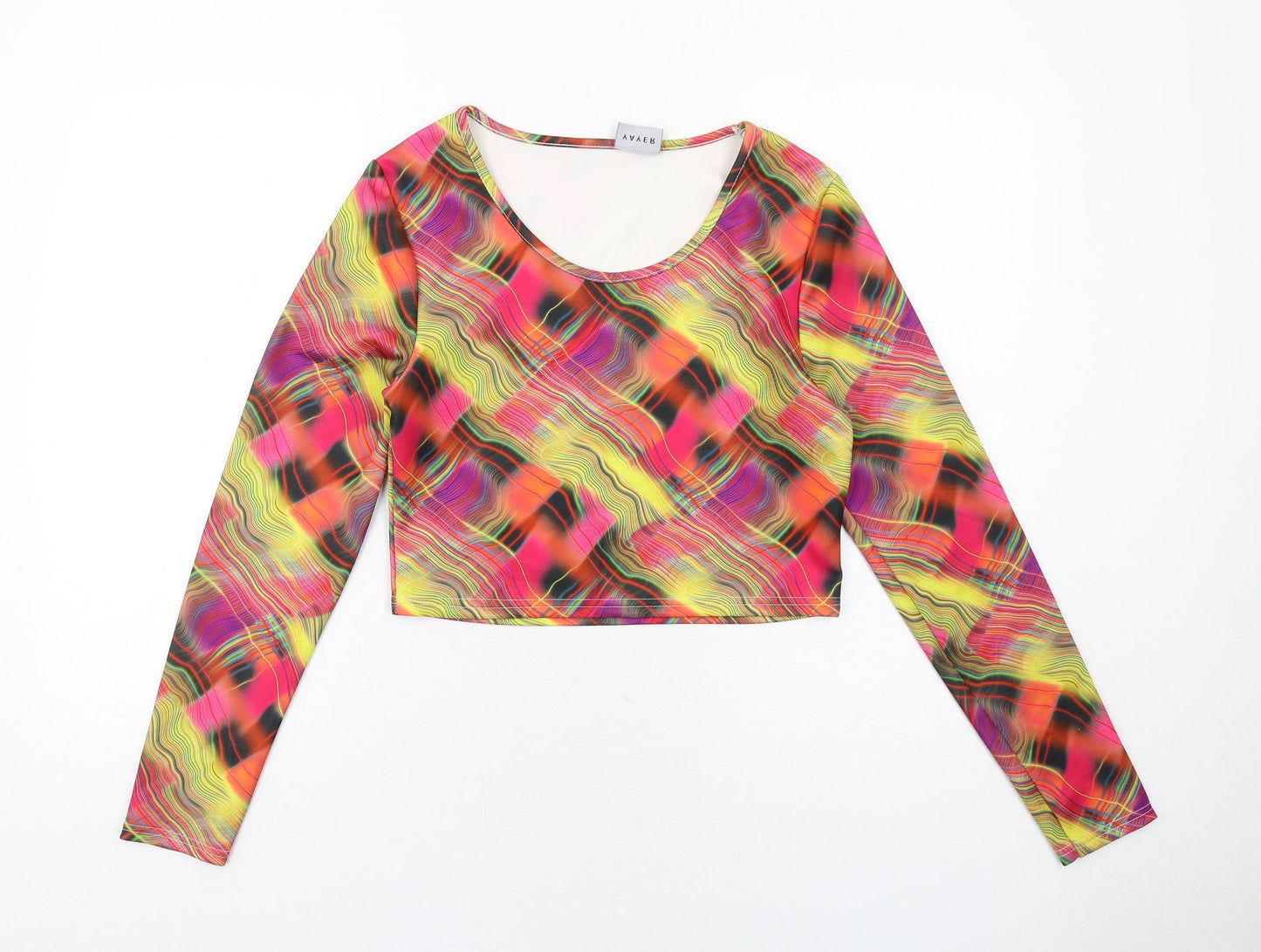 Rayer Womens Multicoloured Geometric Polyester Cropped T-Shirt Size 12 Round Neck