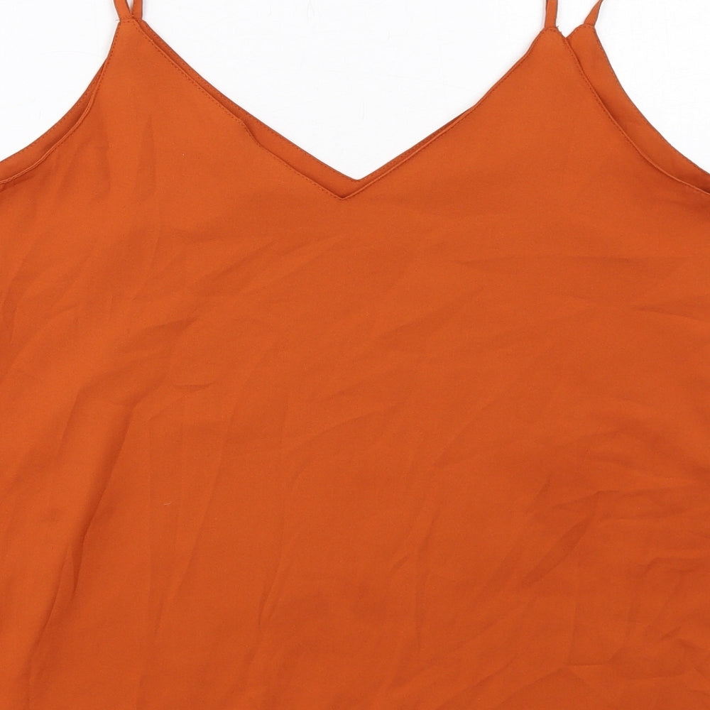 Brand and care label for ASOS women’s orange polyester camisole tank, size UK 10, v-neck