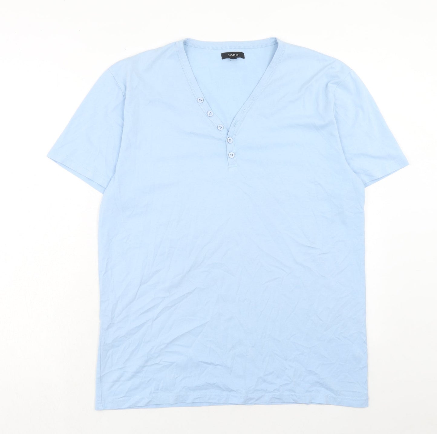 Linea Womens Blue Cotton Basic T-Shirt Size L V-Neck