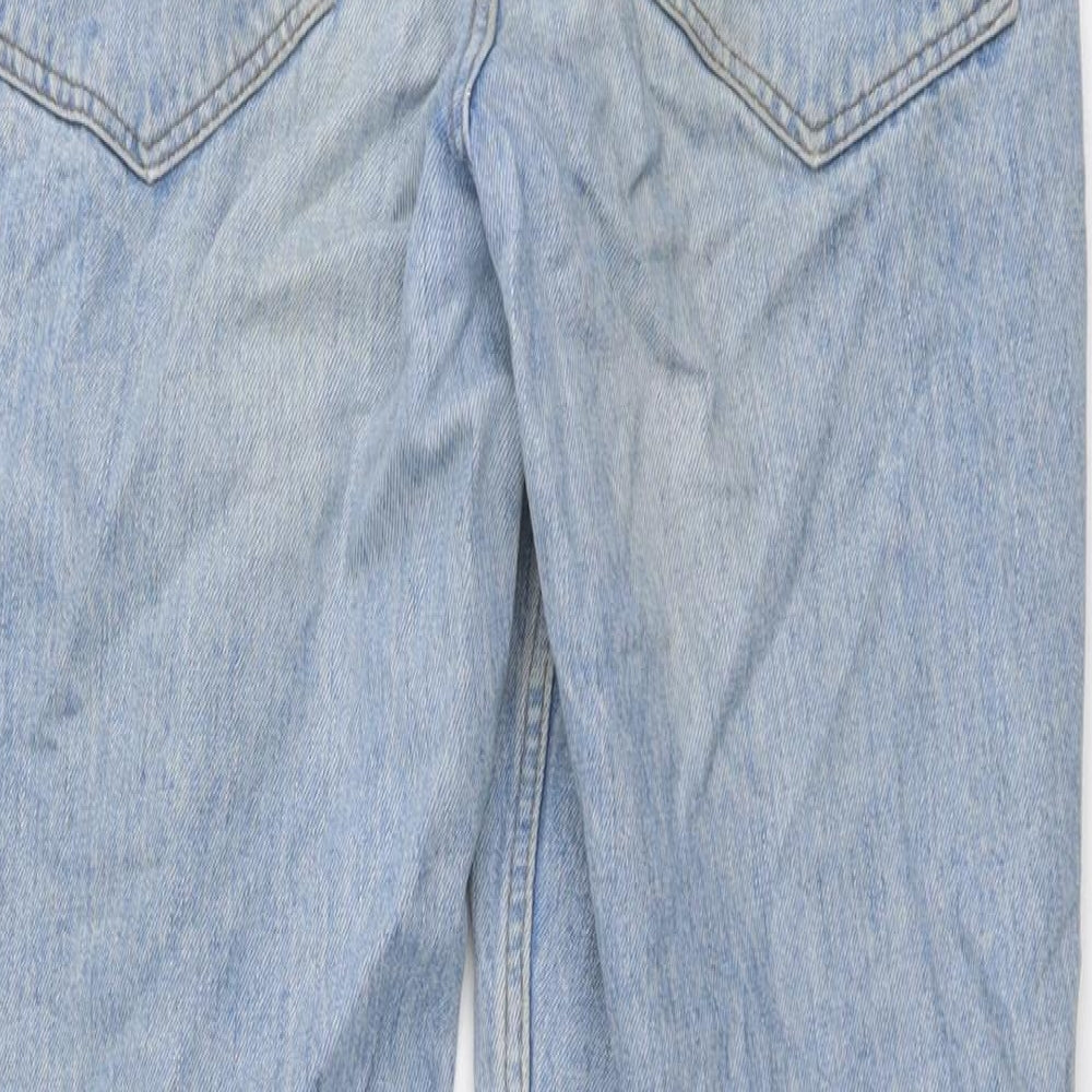 Brand and care label for ASOS women’s blue cotton mom jeans, size UK 30, in, 30-inch leg regular button