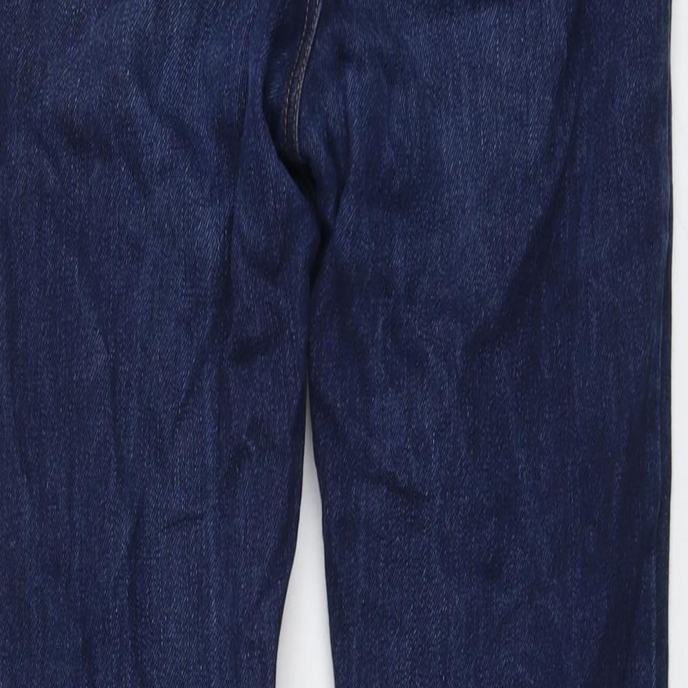 Brand and care label for ASOS women’s blue cotton bootcut jeans, size UK 26, in, 32-inch leg regular button