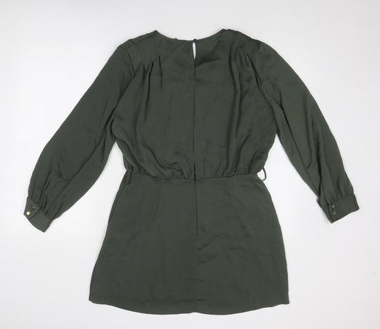 Zara Womens Green Polyester A-Line Size L Cowl Neck Zip