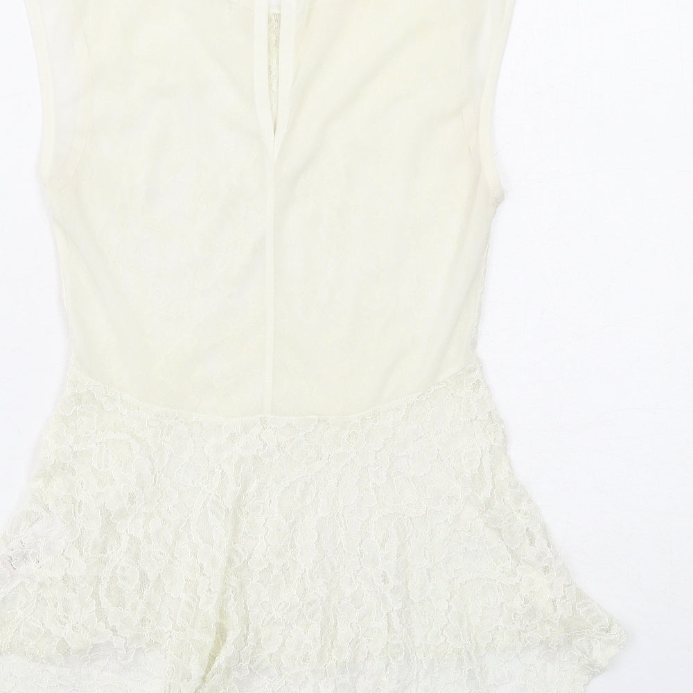 Brand and care label for Miss Selfridge women’s ivory nylon basic tank, size UK 6, round neck