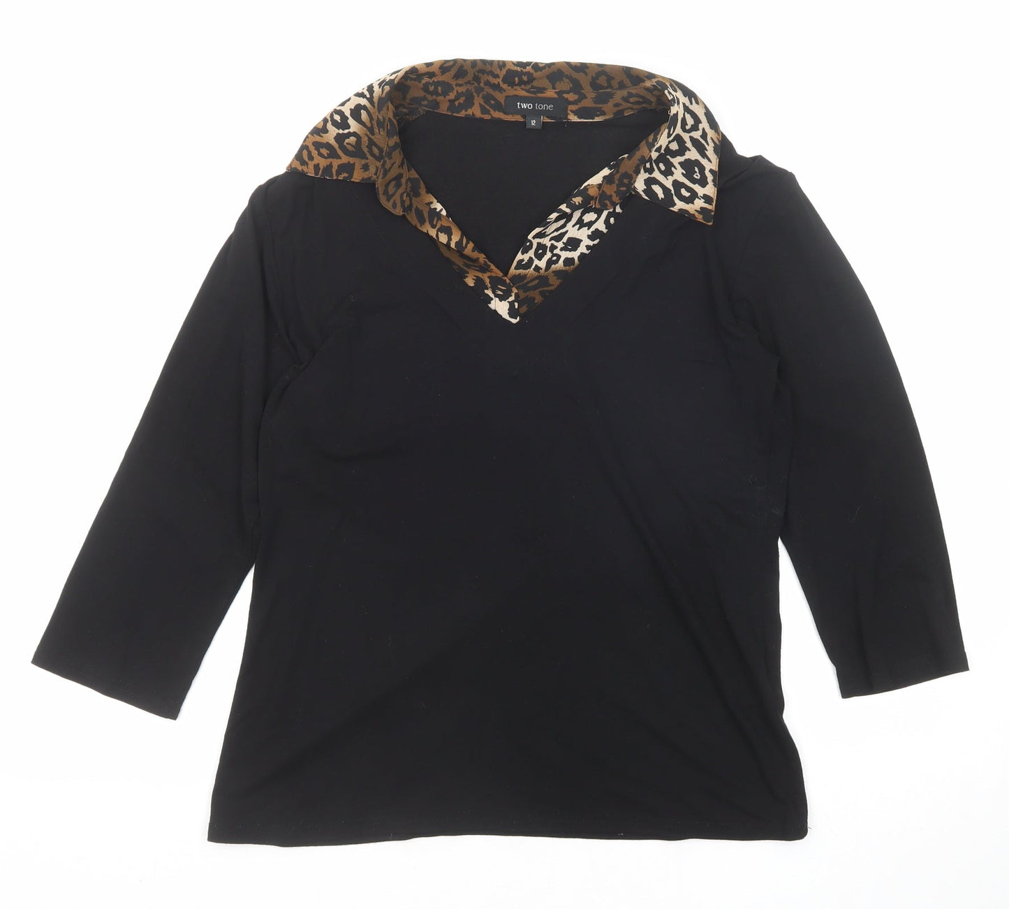 Two Tone Womens Black Viscose Basic Blouse Size 12 Collared - Leopard Print Detail