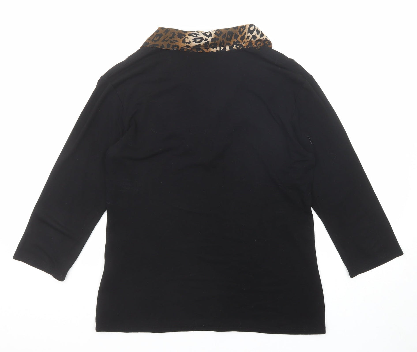 Two Tone Womens Black Viscose Basic Blouse Size 12 Collared - Leopard Print Detail