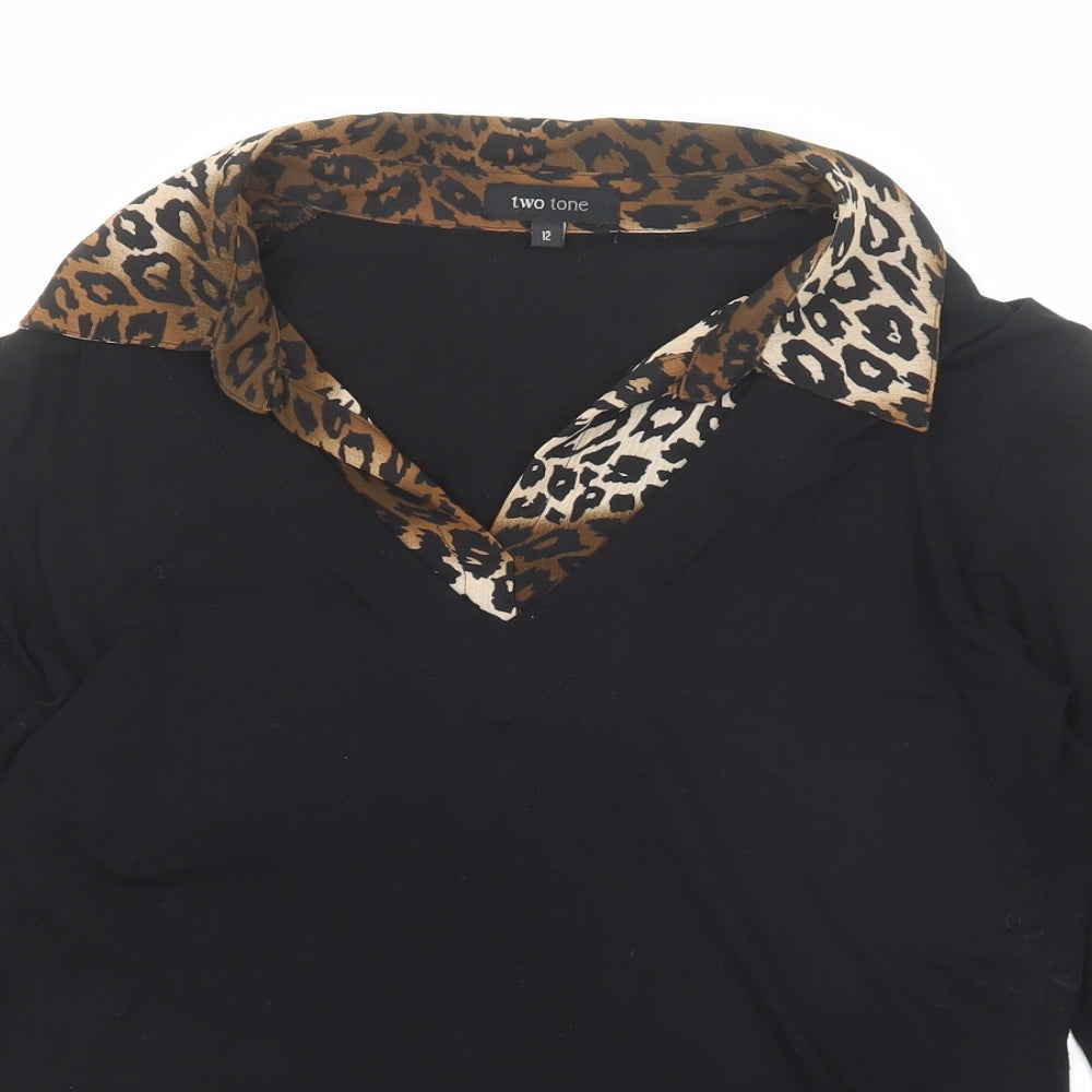 Two Tone Womens Black Viscose Basic Blouse Size 12 Collared - Leopard Print Detail