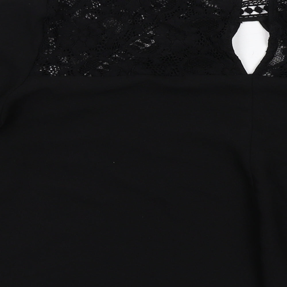 Brand and care label for Miss Selfridge women’s black polyester basic blouse, size UK 10, v-neck - flute sleeve lace detail