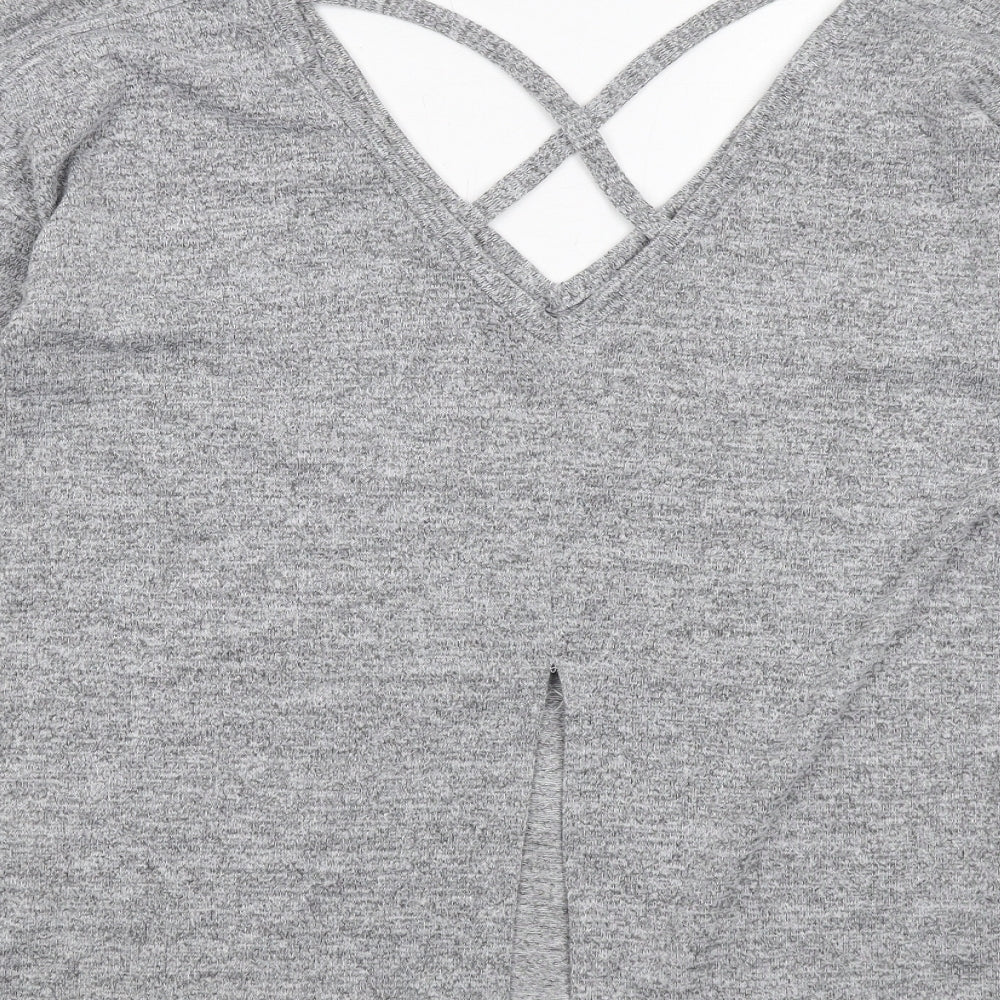 Brand and care label for Miss Selfridge women’s grey polyester basic t-shirt, size UK 8, v-neck