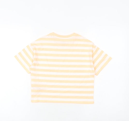 Marks and Spencer Girls Orange Striped Cotton Basic T-Shirt Size 7-8 Years Round Neck Pullover