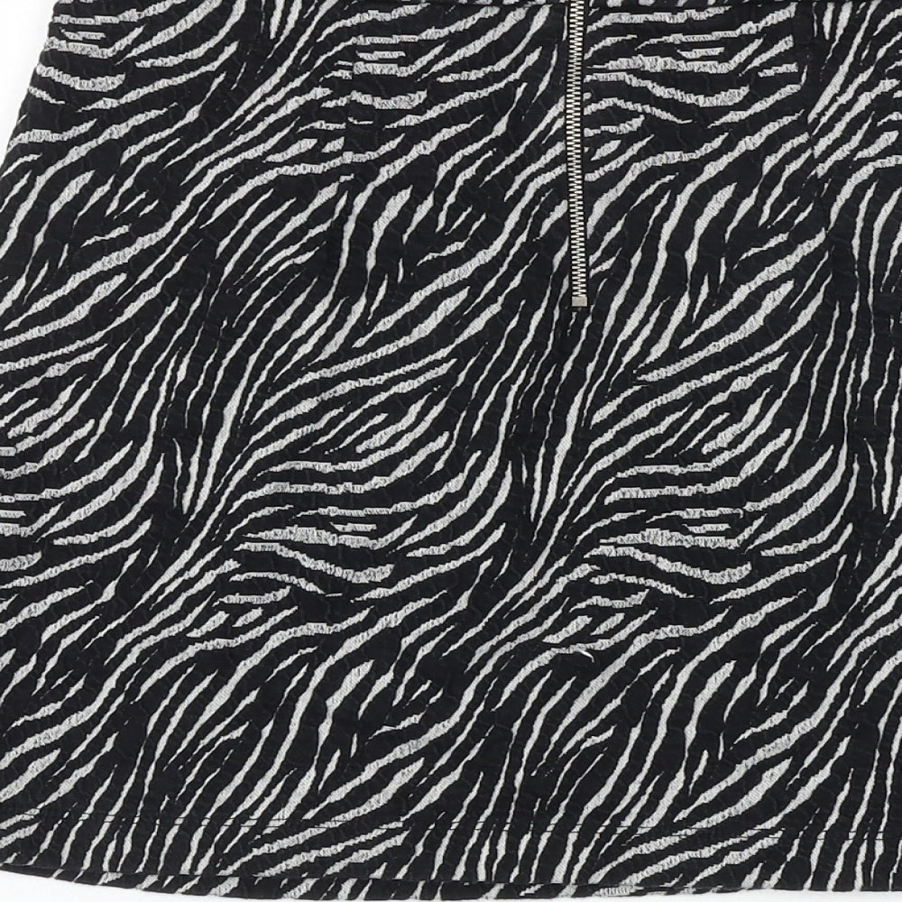 NEXT Womens Black Animal Print Cotton A-Line Skirt Size 6 Zip - Zebra Pattern