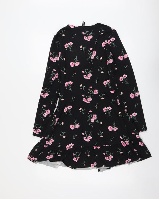 H&M Womens Black Floral Polyester A-Line Size S V-Neck Tie