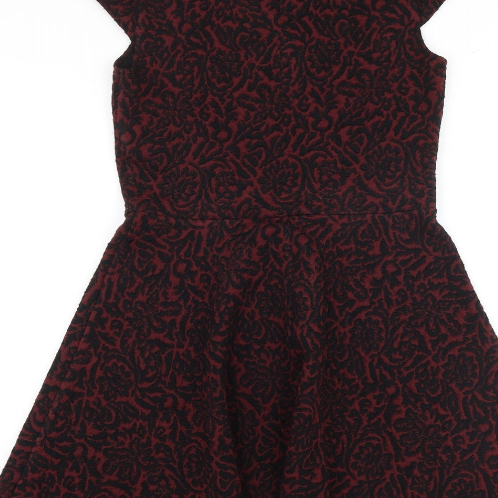 Henry Holland Womens Red Geometric Acrylic Fit & Flare Size 10 Boat Neck Zip - Cap Sleeve