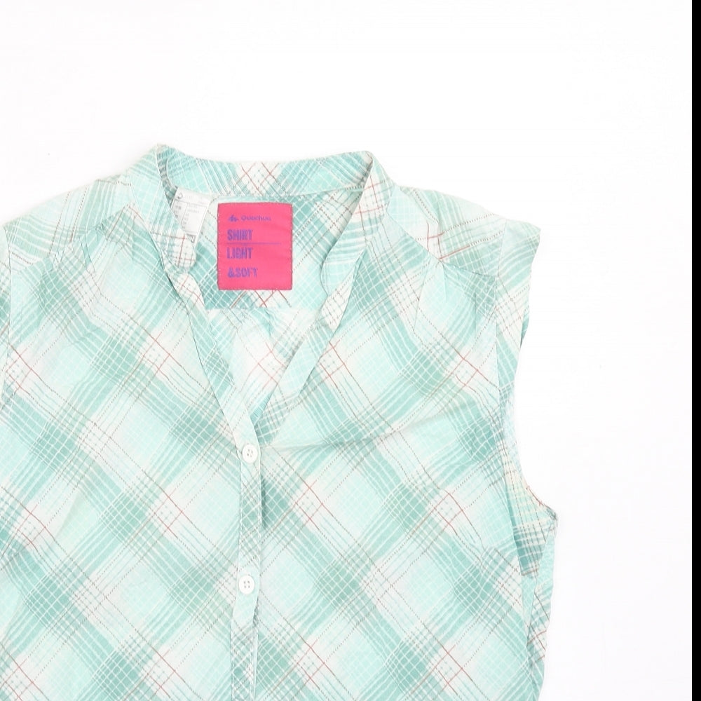 DECATHLON Womens Green Plaid Polyester Basic Button-Up Size 10 V-Neck