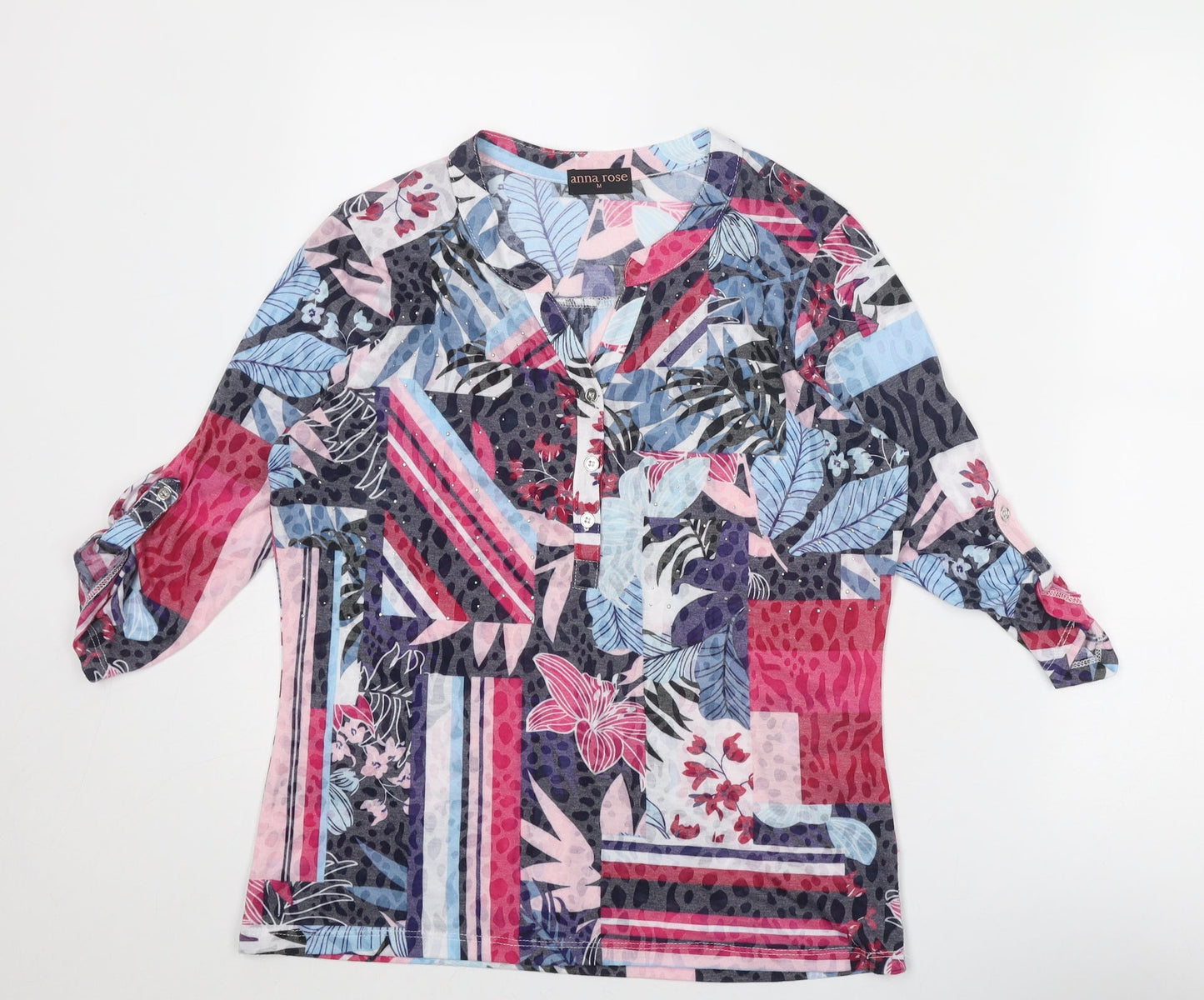 Anna Rose Womens Multicoloured Geometric Polyester Basic Blouse Size M V-Neck