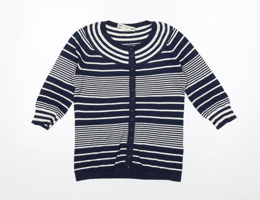 Crew Clothing Womens Blue Round Neck Striped Silk Cardigan Jumper Size 10