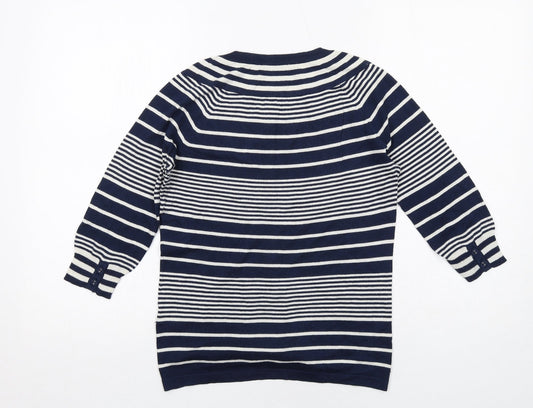 Crew Clothing Womens Blue Round Neck Striped Silk Cardigan Jumper Size 10