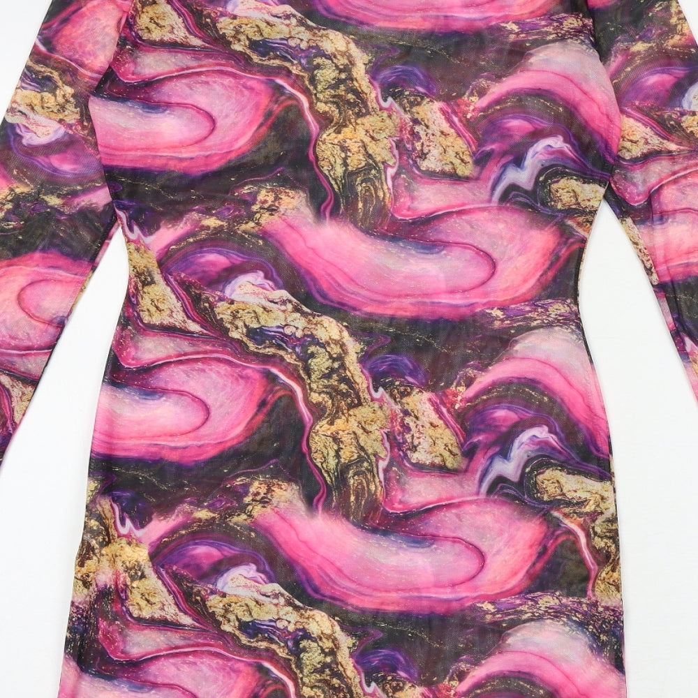Brand and care label for Missguided women’s multicoloured geometric polyester bodycon, size UK 10, round neck pullover