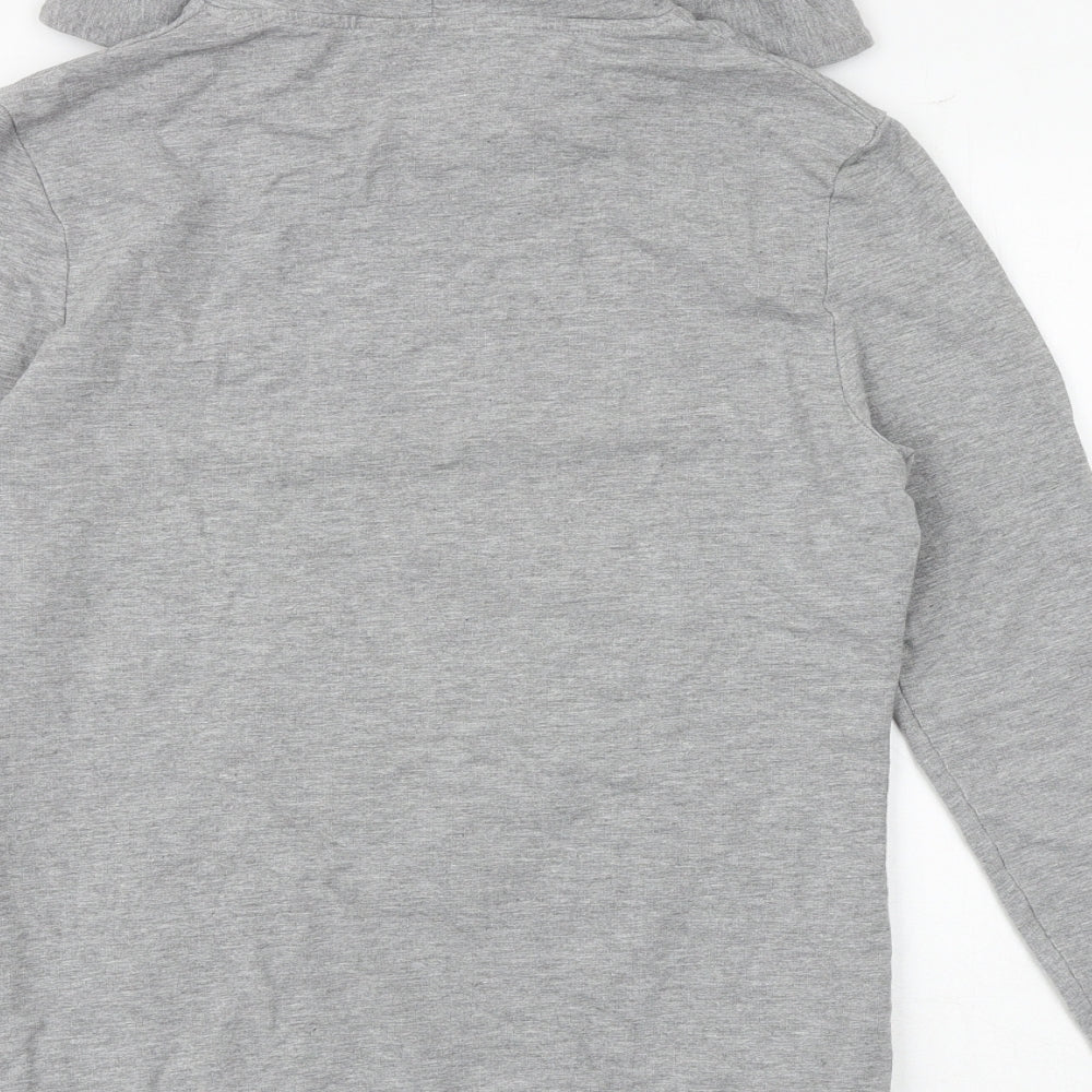 Brand and care label for ASOS women’s grey polyester pullover hoodie, size M, pullover