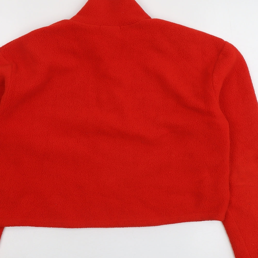Brand and care label for BDG women’s red polyester pullover sweatshirt, size S, zip