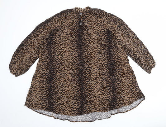 H&M Womens Brown Animal Print Viscose Trapeze & Swing Size 12 Mock Neck Button
