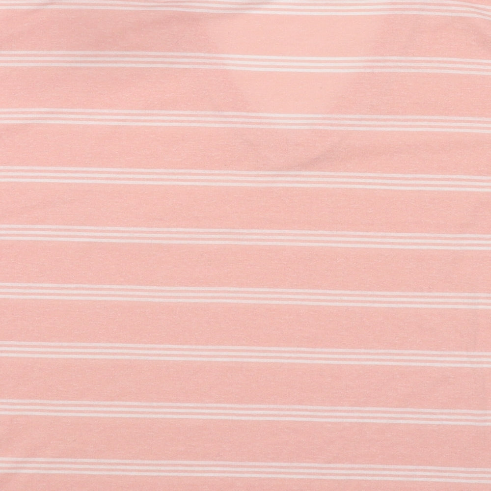 Brand and care label for ASOS women’s pink striped polyester basic t-shirt, size UK 8, v-neck