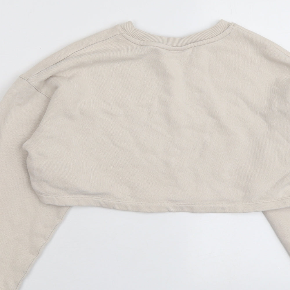 Brand and care label for ASOS women’s beige cotton pullover sweatshirt, size UK 8, pullover