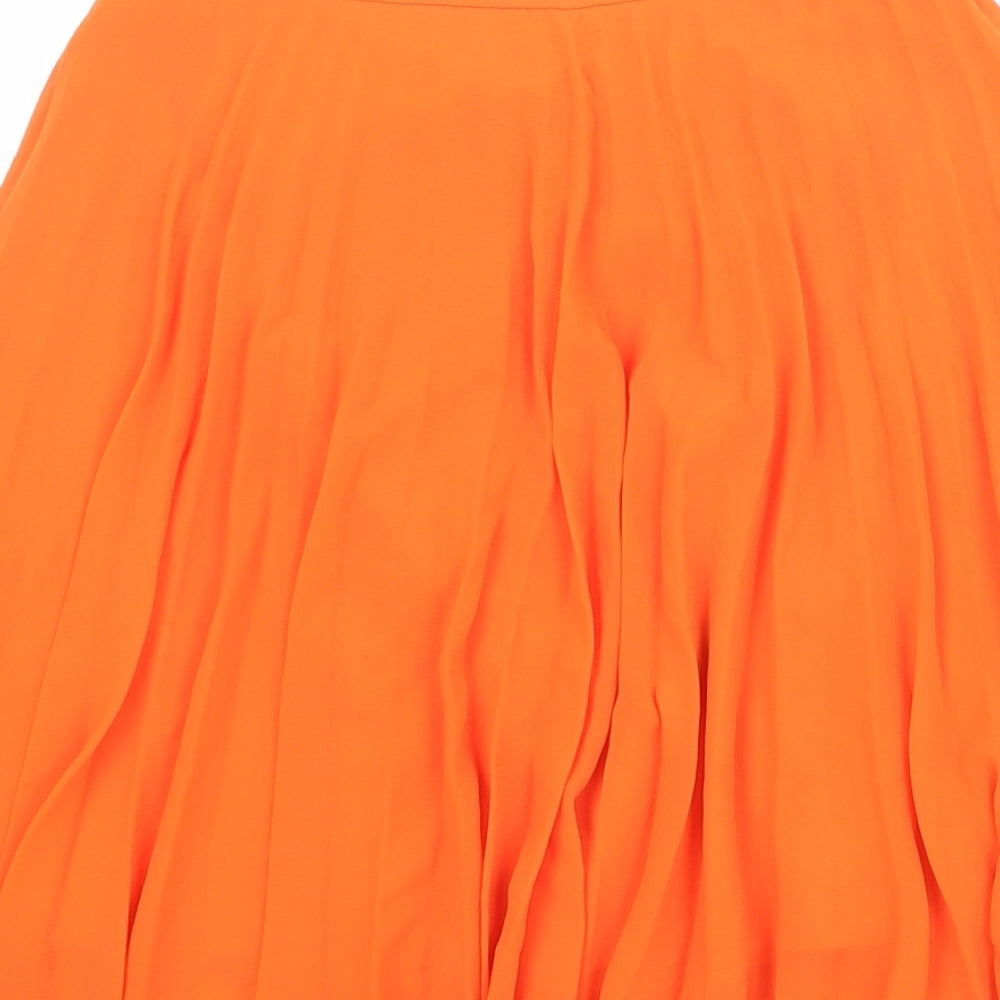 Brand and care label for ASOS women’s orange polyester pleated skirt, size UK 6, zip