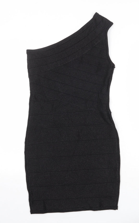 WOW Couture Womens Black Viscose A-Line Size L One Shoulder Zip