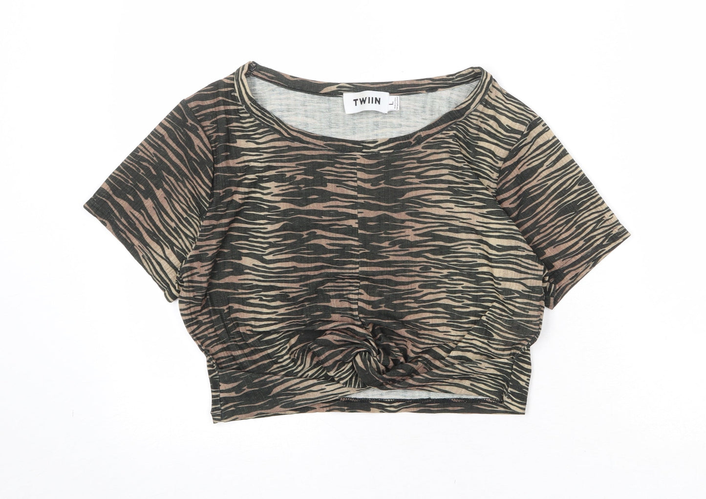 Twiin Womens Brown Geometric Polyester Cropped T-Shirt Size L Round Neck