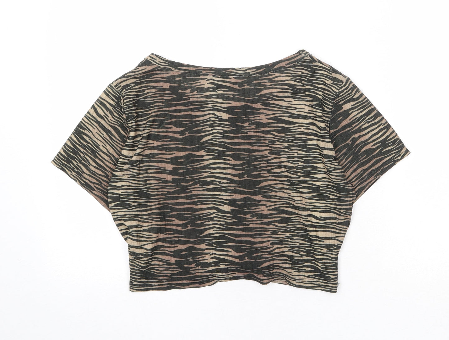 Twiin Womens Brown Geometric Polyester Cropped T-Shirt Size L Round Neck
