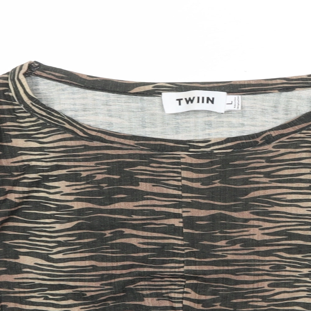 Twiin Womens Brown Geometric Polyester Cropped T-Shirt Size L Round Neck