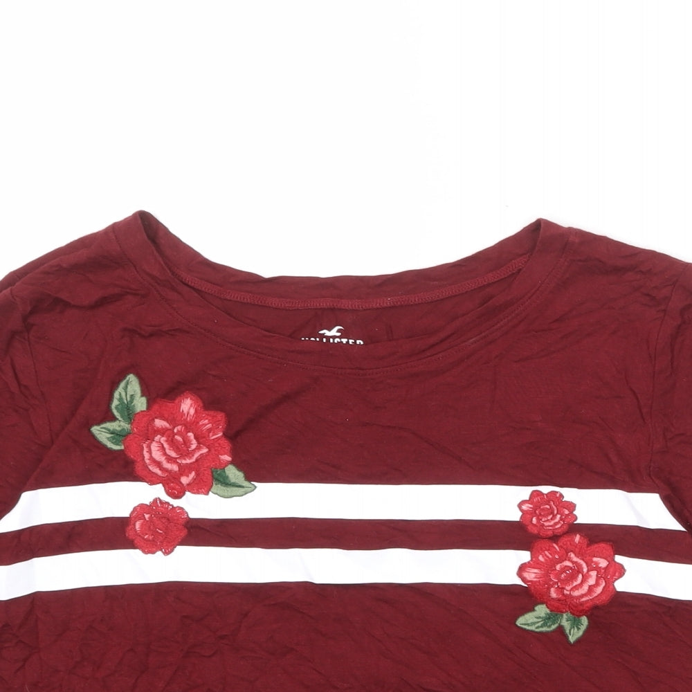 Hollister Womens Red Viscose Basic T-Shirt Size S Round Neck - Flower Detail