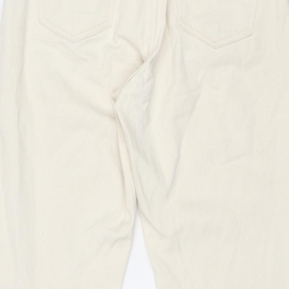 Brand and care label for ASOS women’s ivory cotton straight jeans, size UK 32, in regular zip