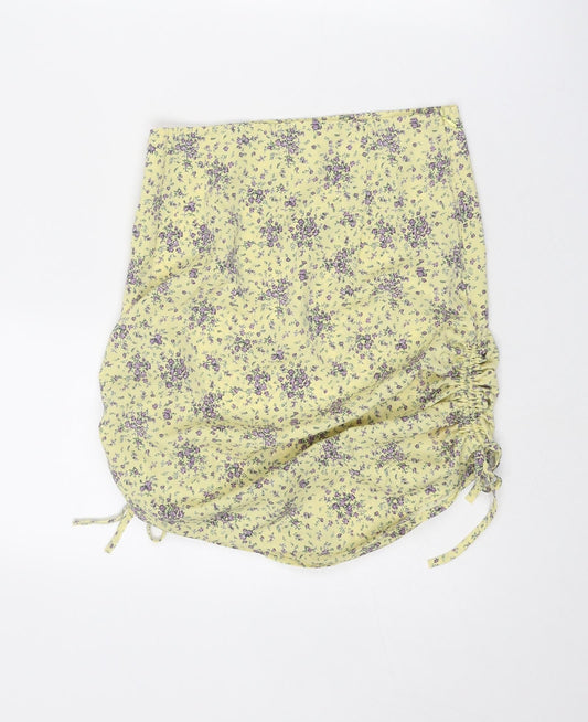 Reverse Womens Yellow Floral Polyester Mini Skirt Size S Zip - Ruched