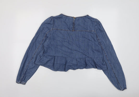 Marks and Spencer Womens Blue Cotton Basic Blouse Size 14 Round Neck - Heart