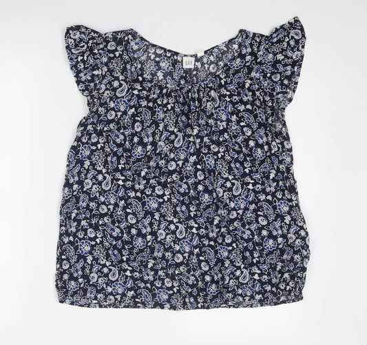 Gap Womens Blue Geometric Cotton Basic Blouse Size S Round Neck