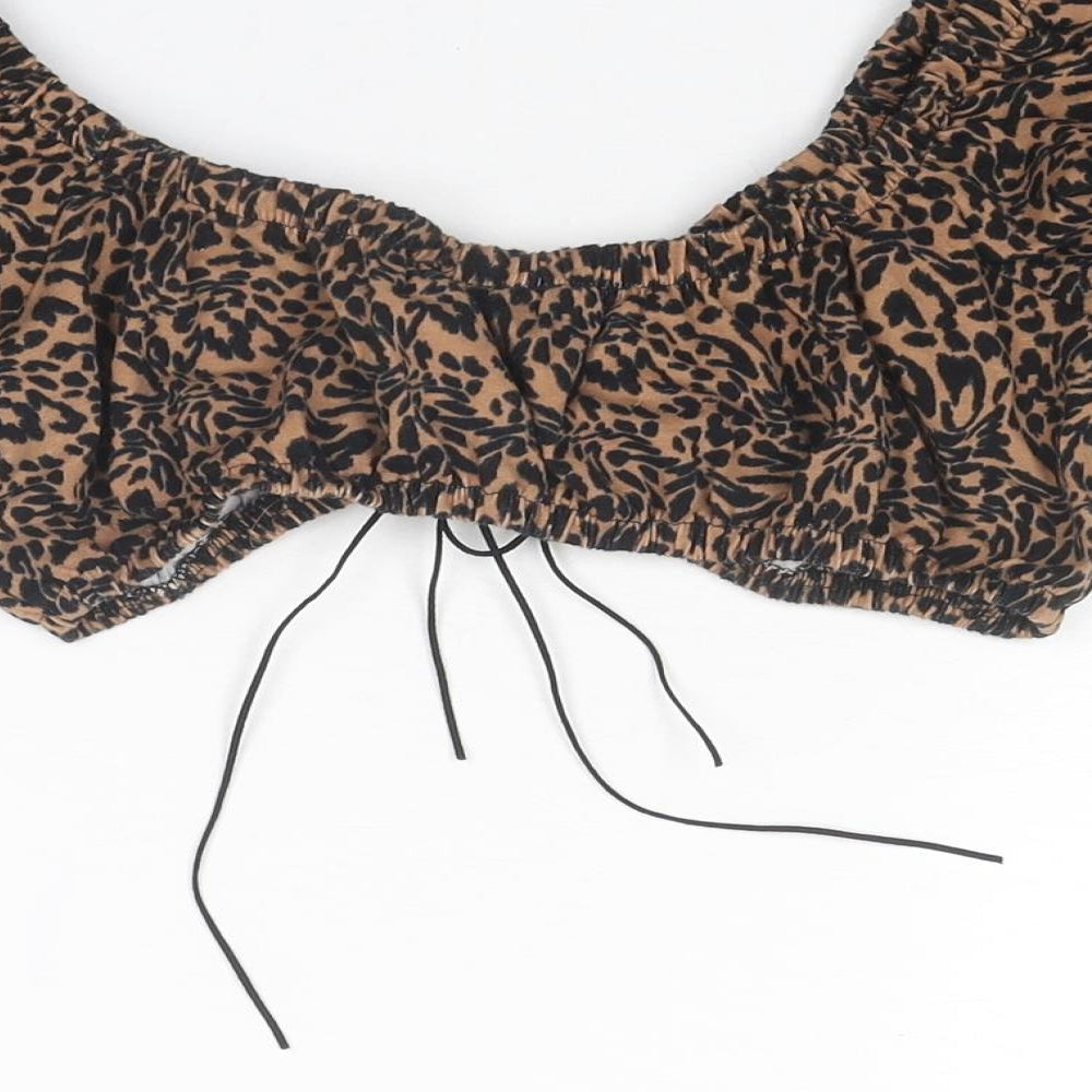 Brand and care label for ASOS women’s brown animal print polyester cropped blouse, size UK 6, scoop neck - leopard print