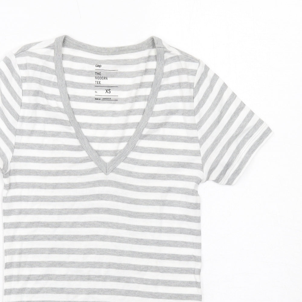 Gap Womens Grey Striped Cotton Basic T-Shirt Size XS V-Neck